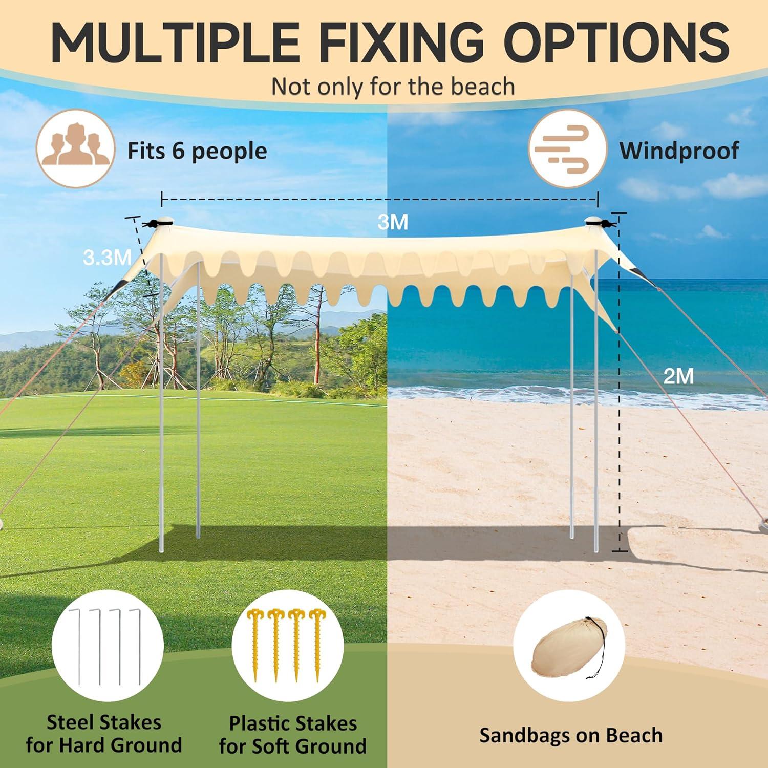 Strandzelt Sonnenschutz UPF50+ Lycra 3m x 3,3m für 6 Personen, Khaki