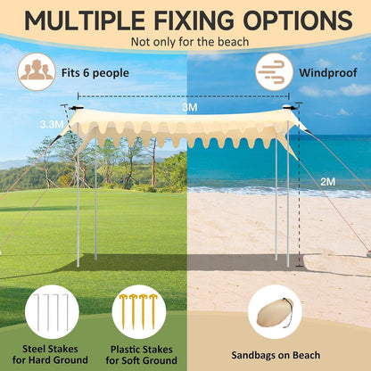Strandzelt Sonnenschutz UPF50+ Lycra 3m x 3,3m für 6 Personen, Khaki