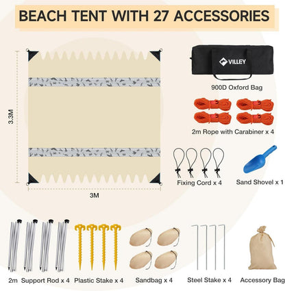 Sonnenzelt Strand UPF50+ UV Schutz Lycra 3m x 3,3m Khaki für 6