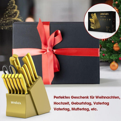17-tlg. Messer Set mit Block | Edelstahl Titanbeschichtet | Geschenkbox