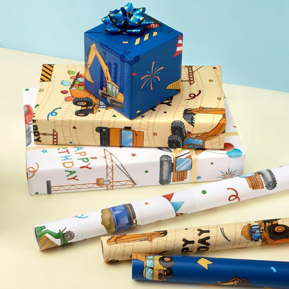Bagger Geschenkpapier Set für Kindergeburtstage - 3 Rollen 43,2 x 304,8 cm Jungen Baustellen Geschenkpapier Traktor LKW Construction Theme