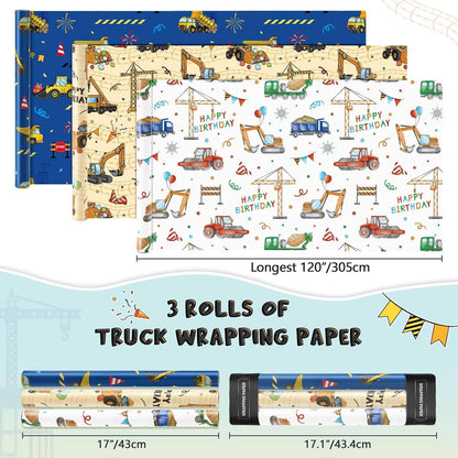 Geschenkpapier Bagger Baustelle Jungen 3 Rollen 43,2x304,8 cm Geburtstag