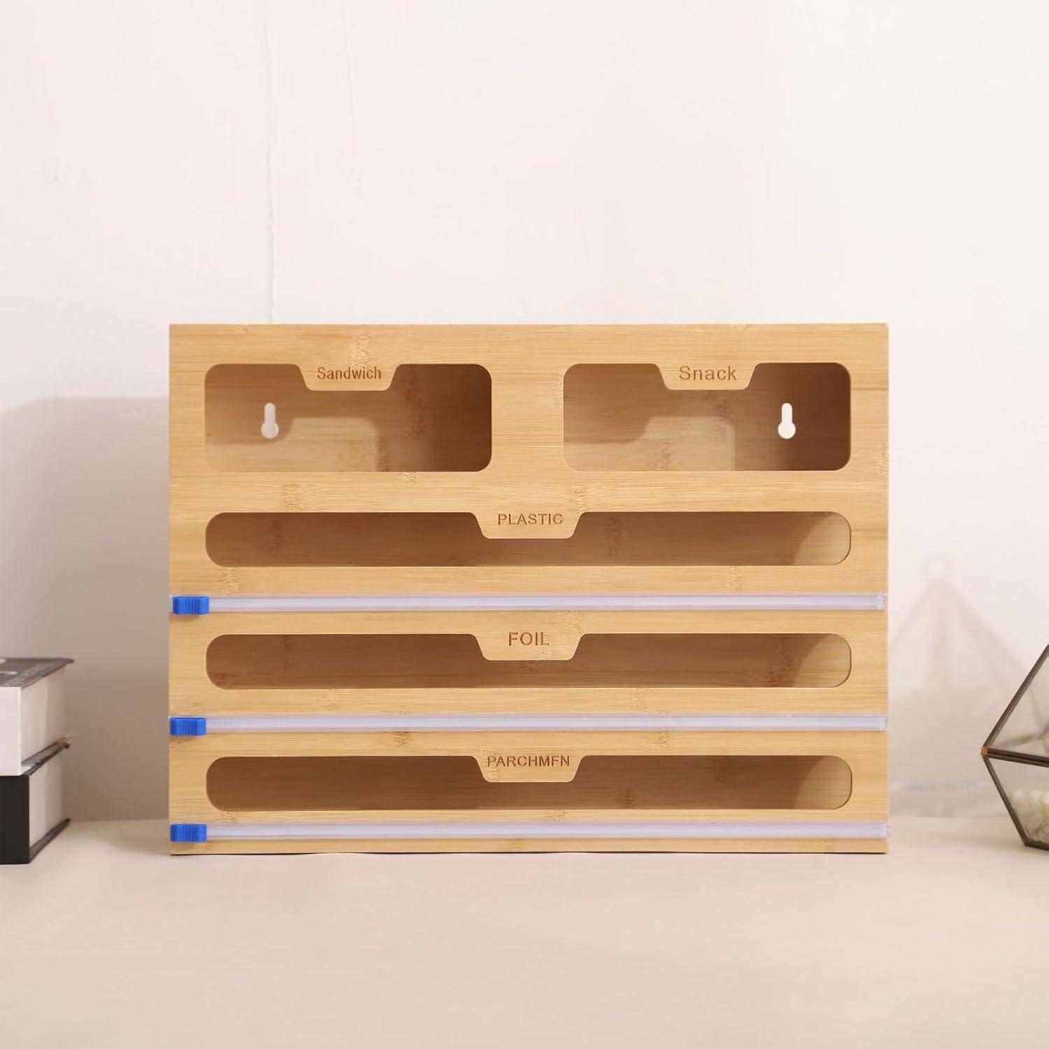 Frischhaltefolienbox 5in1 Holz Folienspender Cutter Aufbewahrungshilfe