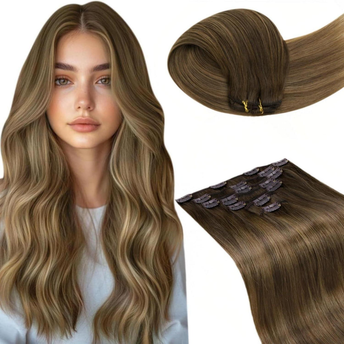 Clip-in Echthaar Extensions Aschiges Hellbraun 55cm