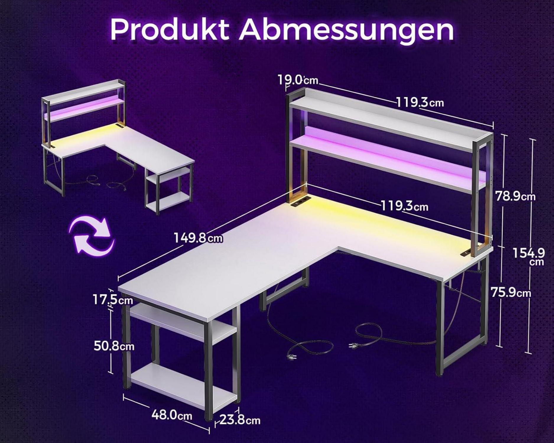 L-förmiger Gaming-Schreibtisch mit LED und USB-Anschlüssen