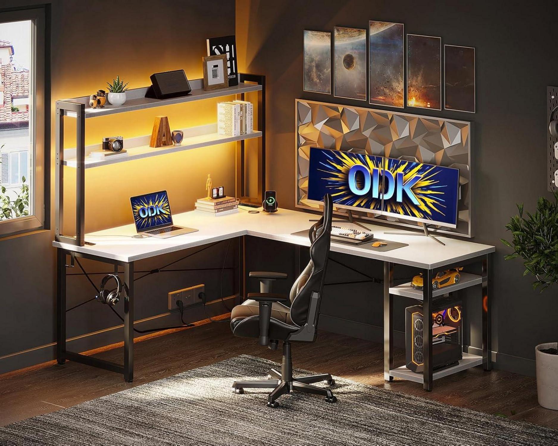ODK Eckschreibtisch Weiß LED Gaming Schreibtisch USB Ladeanschluss 150x120 cm
