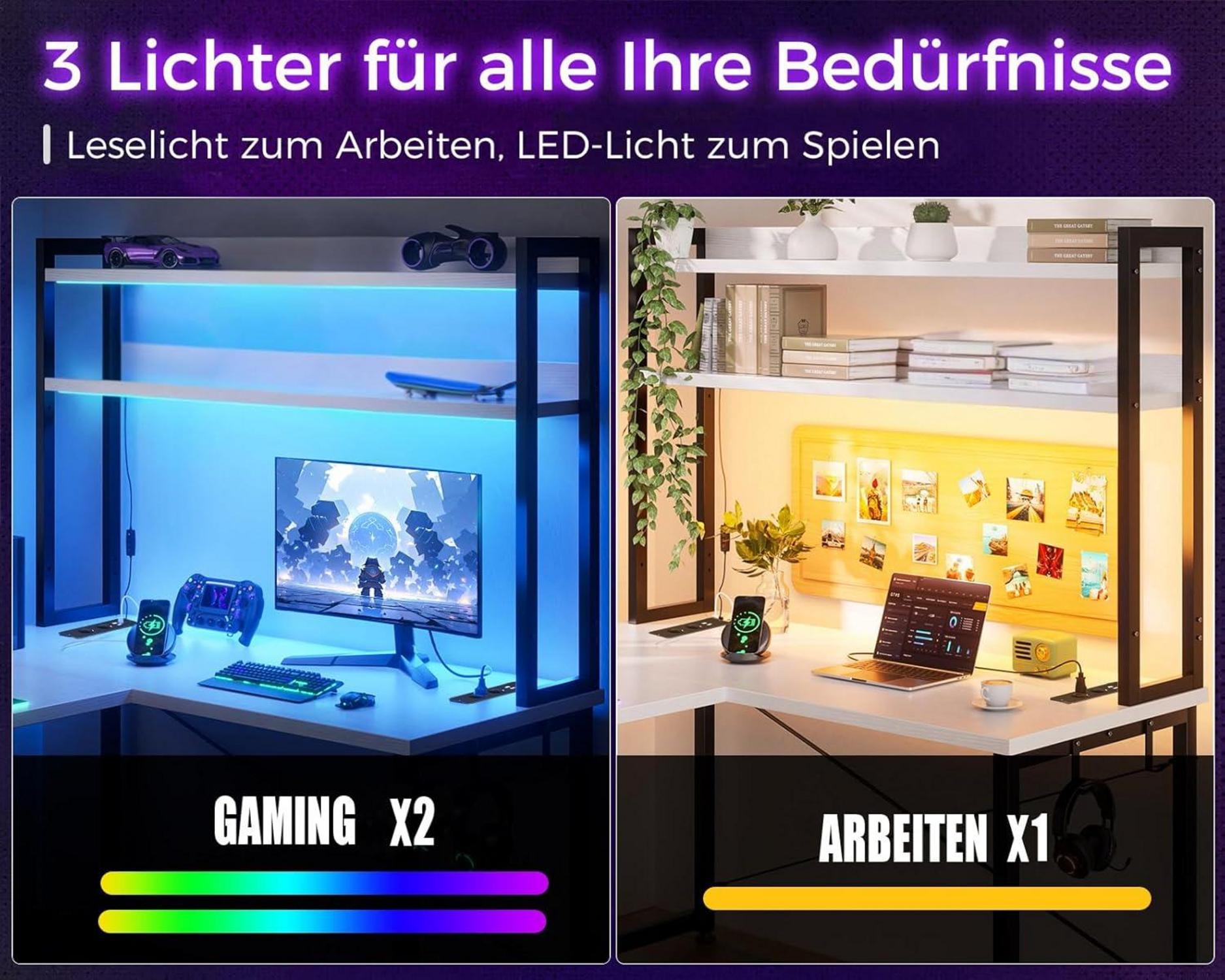 Eckschreibtisch Weiß Gaming Tisch LED USB-Ladeanschluss 150x120cm