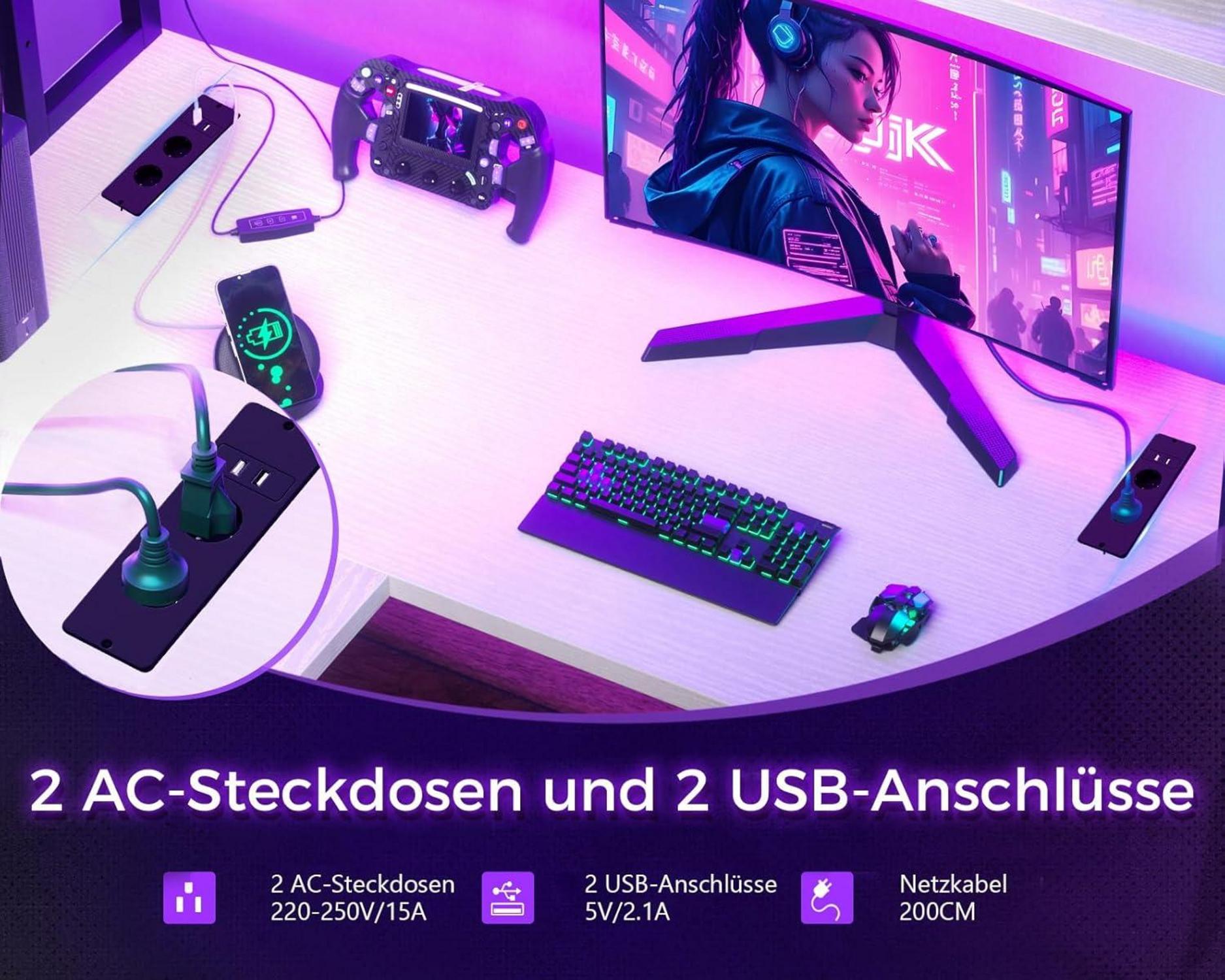 Eckschreibtisch Weiß Gaming Tisch LED USB-Ladeanschluss 150x120cm