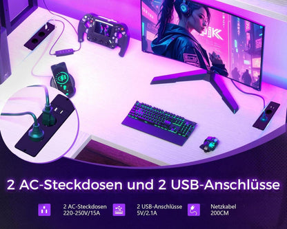 Eckschreibtisch Weiß Gaming Tisch LED USB-Ladeanschluss 150x120cm
