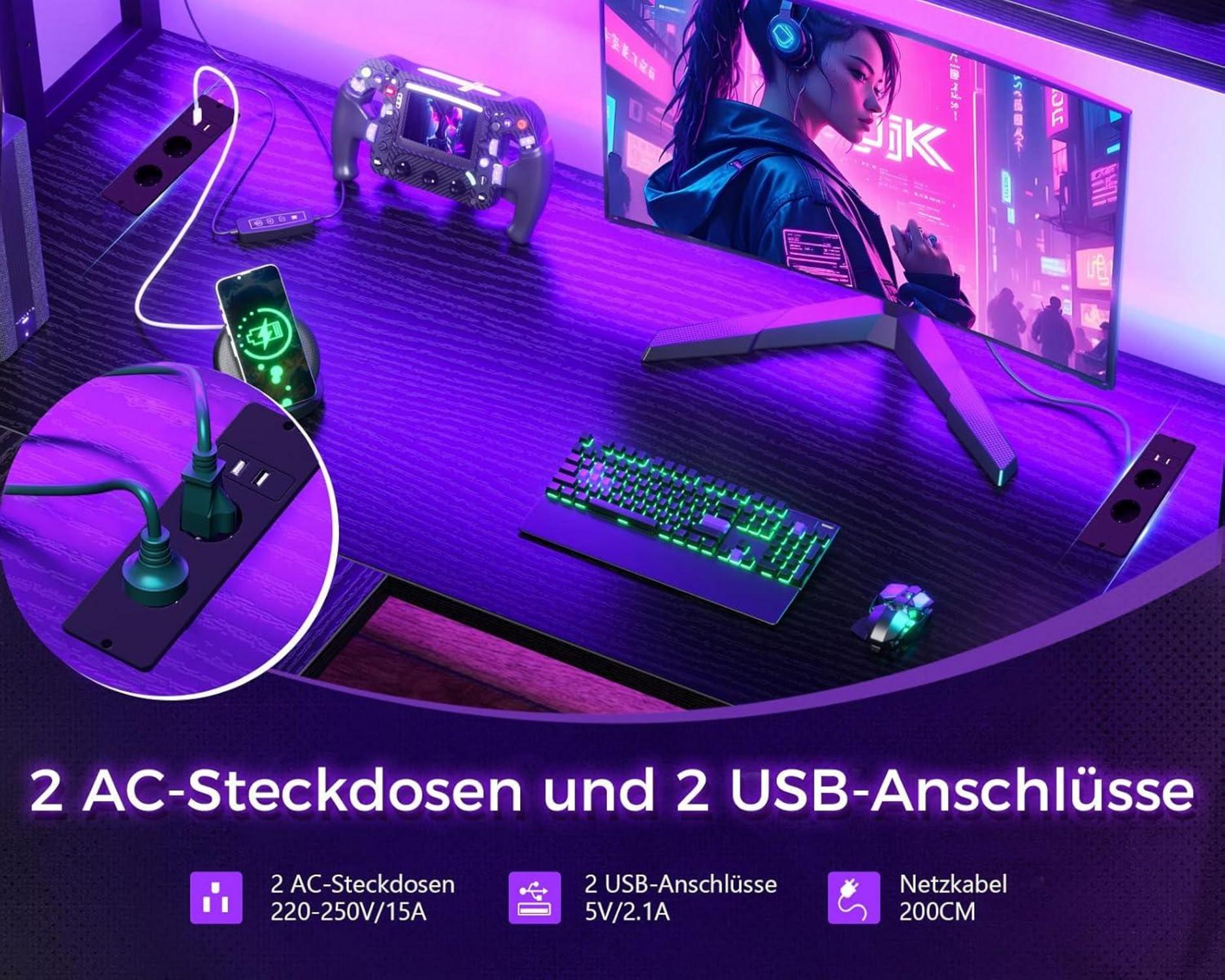 Gaming Schreibtisch LED L-Form Schwarz 2 USB 2 Steckdosen 150x120 cm