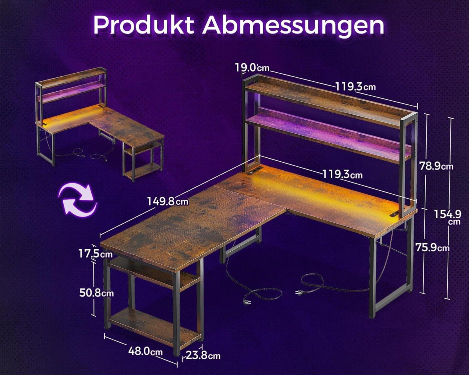 ODK Gaming Tisch LED L-Form USB Ladeanschluss Stall Lagerregal
