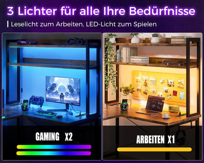 Gaming Tisch LED L Form 2 Steckdosen 2 USB 150x120 cm Vintage-Braun