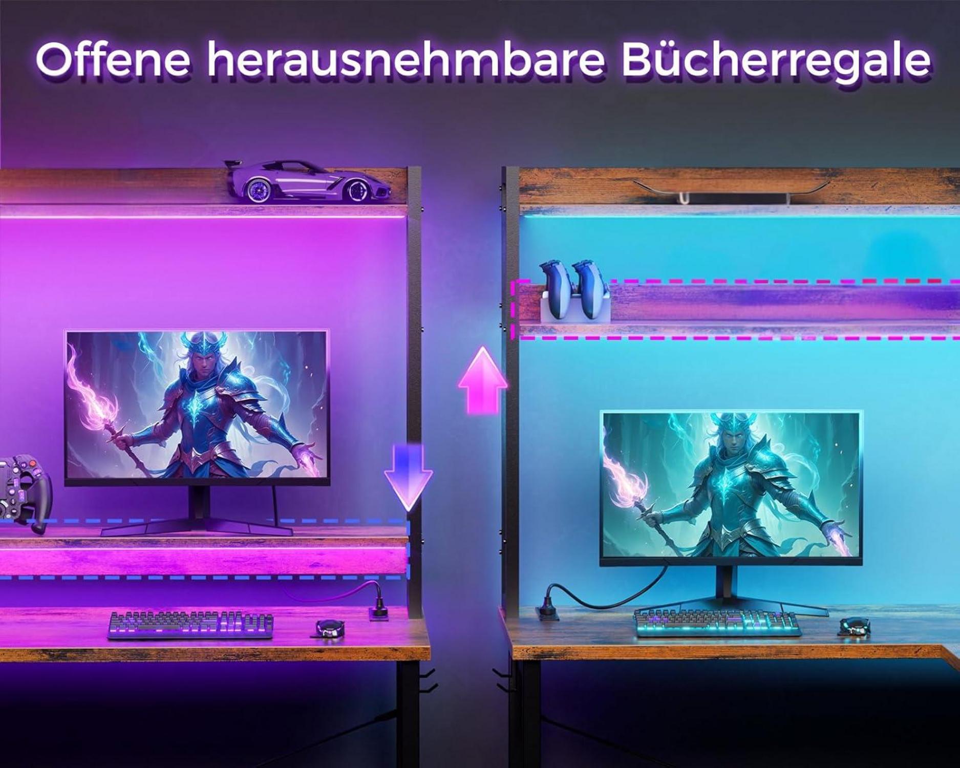 Gaming-Schreibtisch LED 2 Steckdosen 2 USB Ladeanschluss Stall