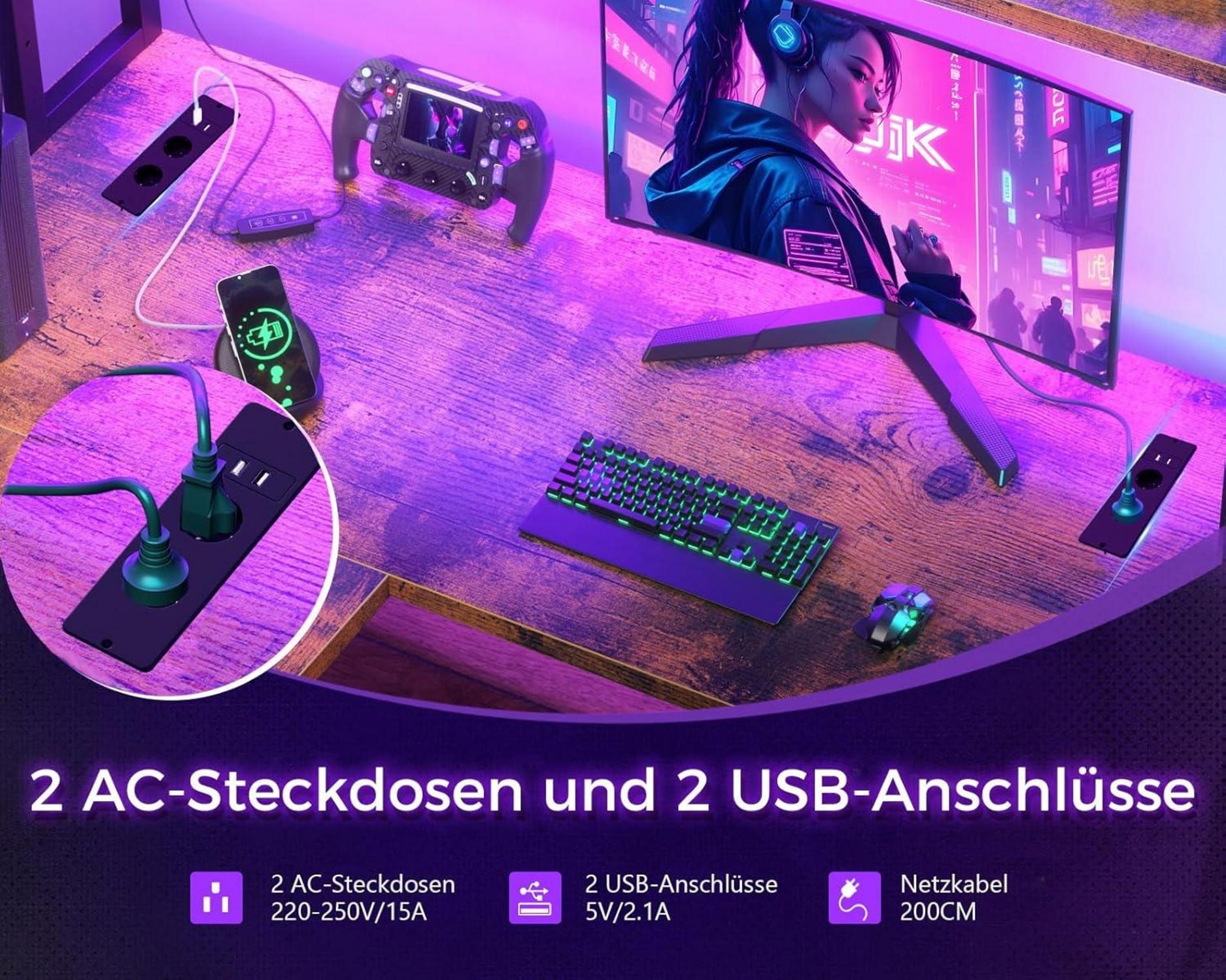 Gaming Tisch LED L Form 2 Steckdosen 2 USB 150x120 cm Vintage-Braun