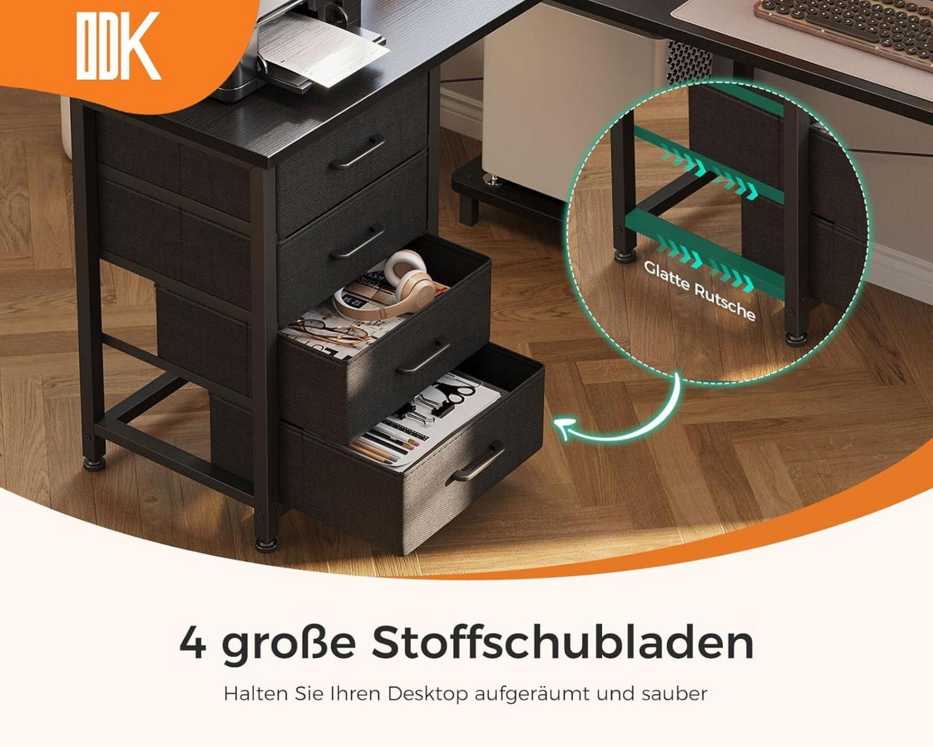 ODK Eckschreibtisch L-Form mit Schubladen, Steckdosen und USB, Schwarz 135x100cm