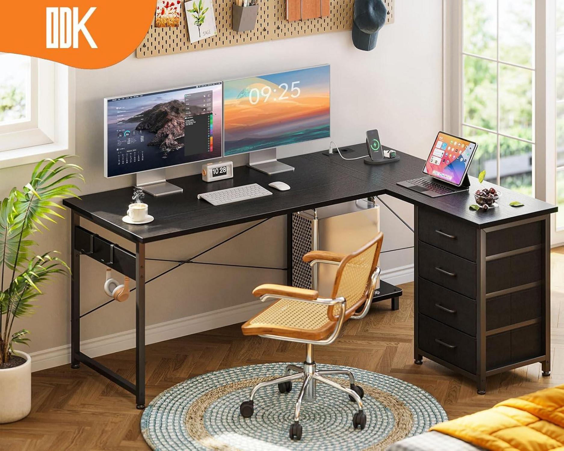 Schreibtisch L Form Schwarz mit Schubladen, Steckdosen, USB, Stauraum 135x100cm
