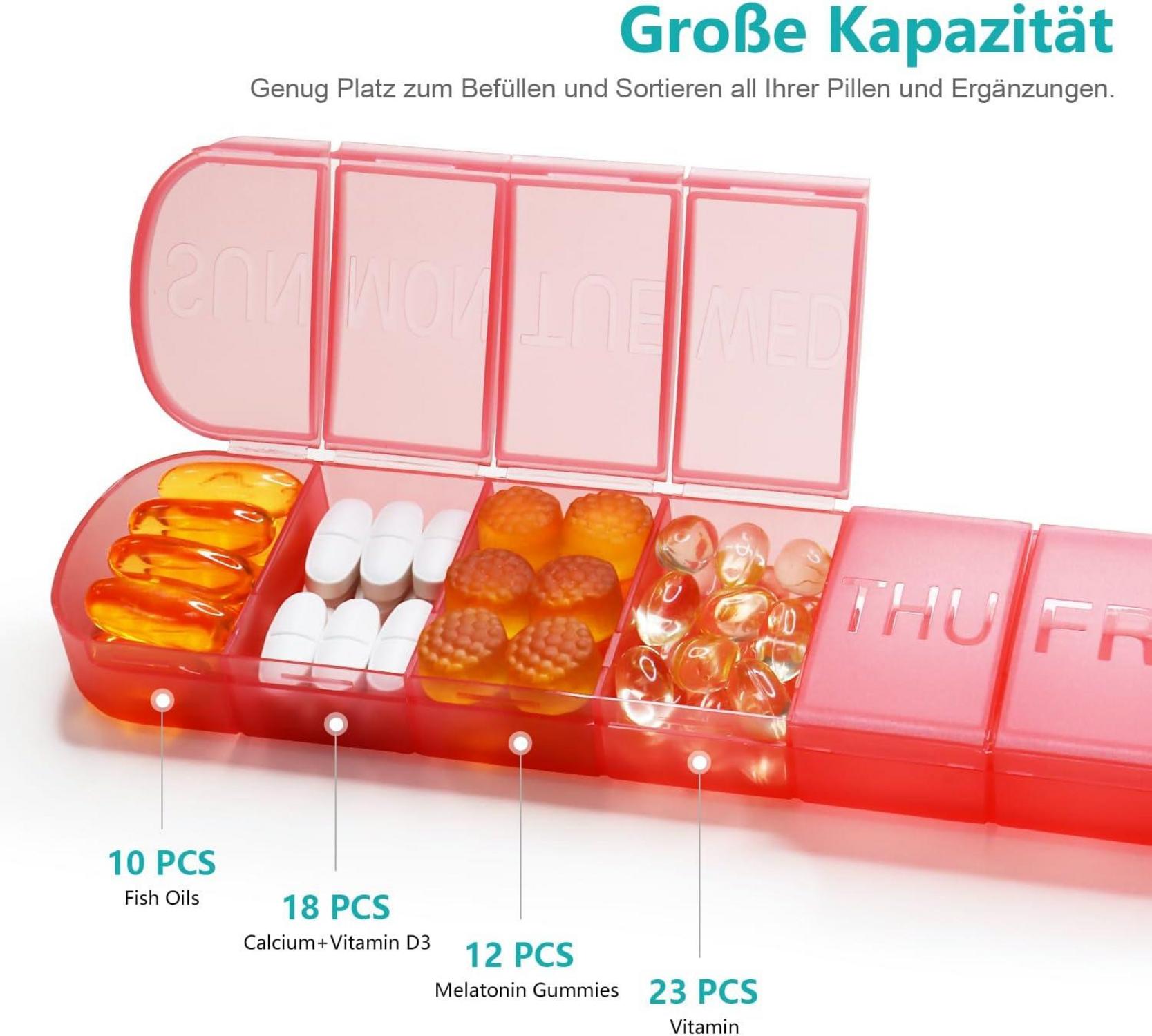Tablettenbox 7 Tage, Pillendose deutsch, BPA-frei, Pillen Organizer für Medikamente
