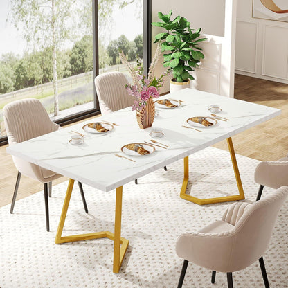 Moderner Esszimmertisch Weiß & Gold, 140cm, Künstlicher Marmor