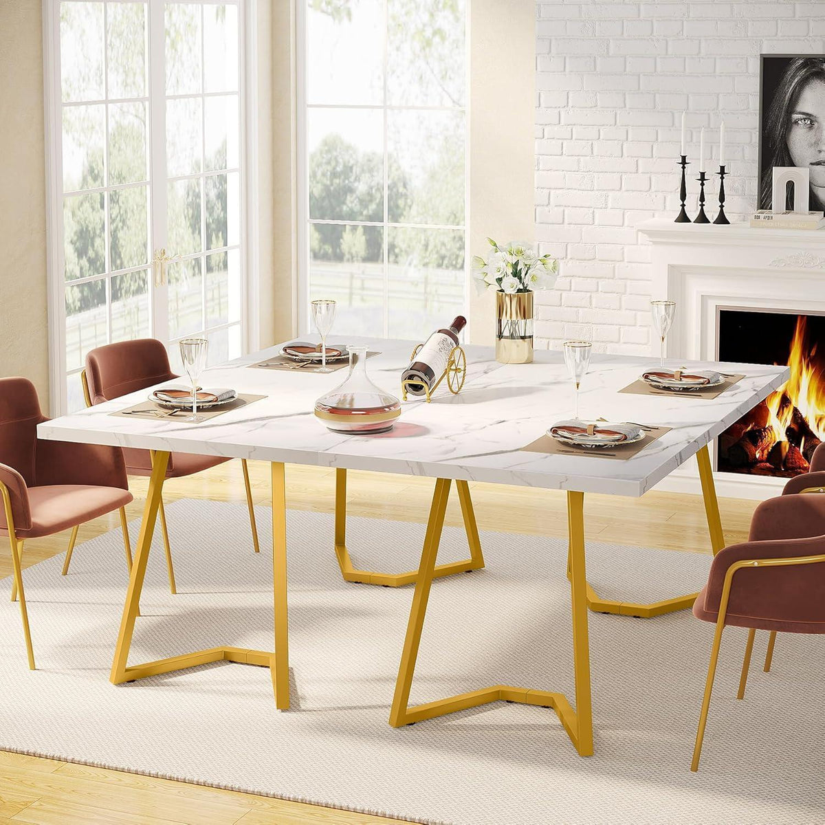 Moderner Esszimmertisch Weiß & Gold, 140cm, Künstlicher Marmor