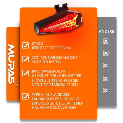 Fahrrad Rücklicht LED StVZO IPX5 Wasserdicht Type-C | MUPAS