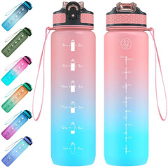 Sport-Wasserflasche mit Strohhalm und Zeitmarkierungen, BPA-frei
