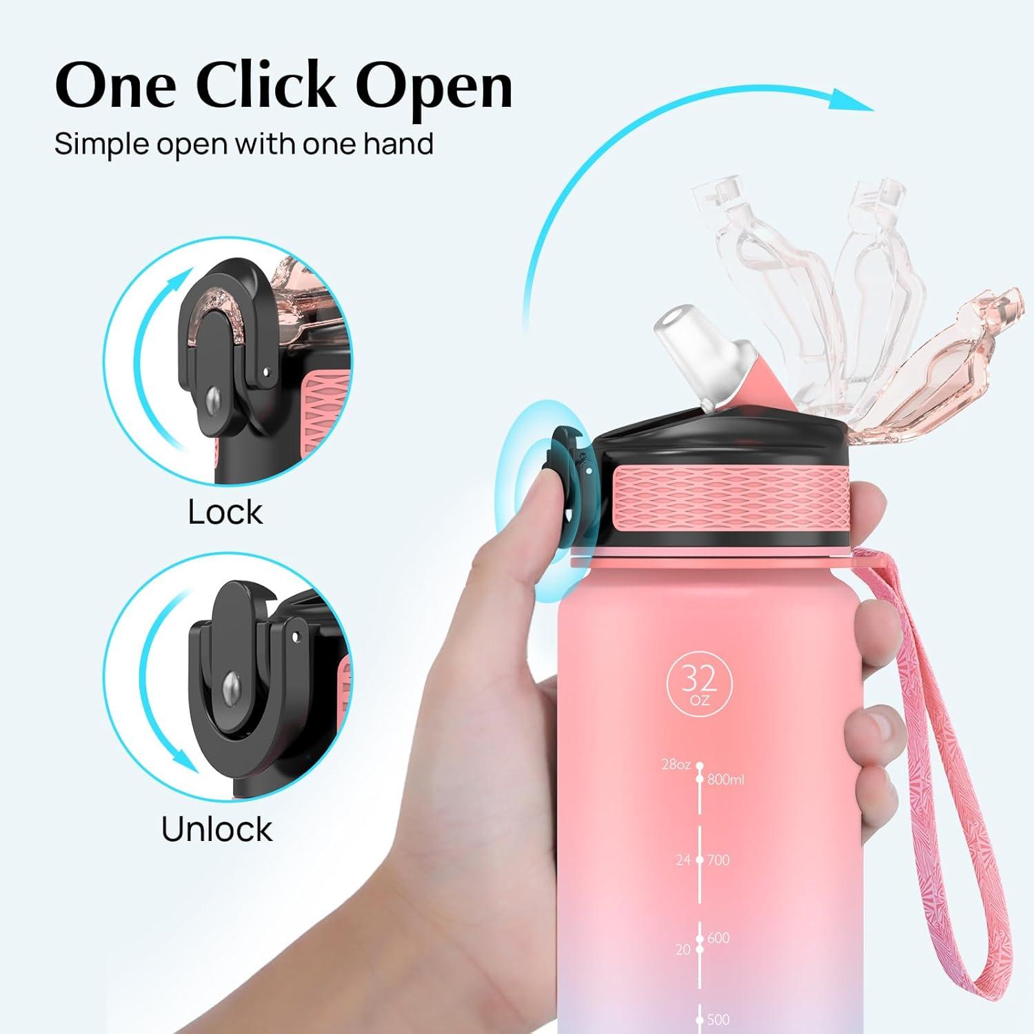 NAVTUE 1 Liter Sport-Wasserflasche mit Strohhalm und Zeitmarkierungen, auslaufsicher, BPA-frei, Tritan-Trinkflasche (Dunkles