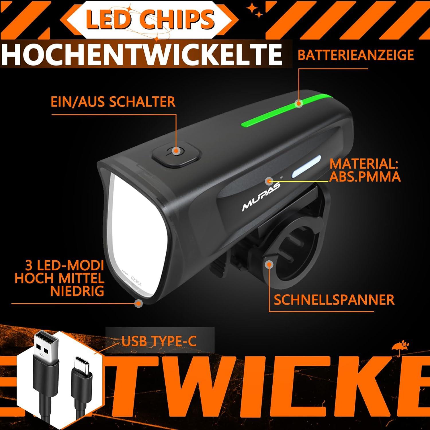 LED Fahrradlicht Vorne 100 Lux StVZO,USB Aufladbar,IPX5