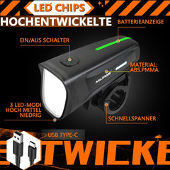 LED Fahrradlicht Vorne 100 Lux StVZO,USB Aufladbar,IPX5