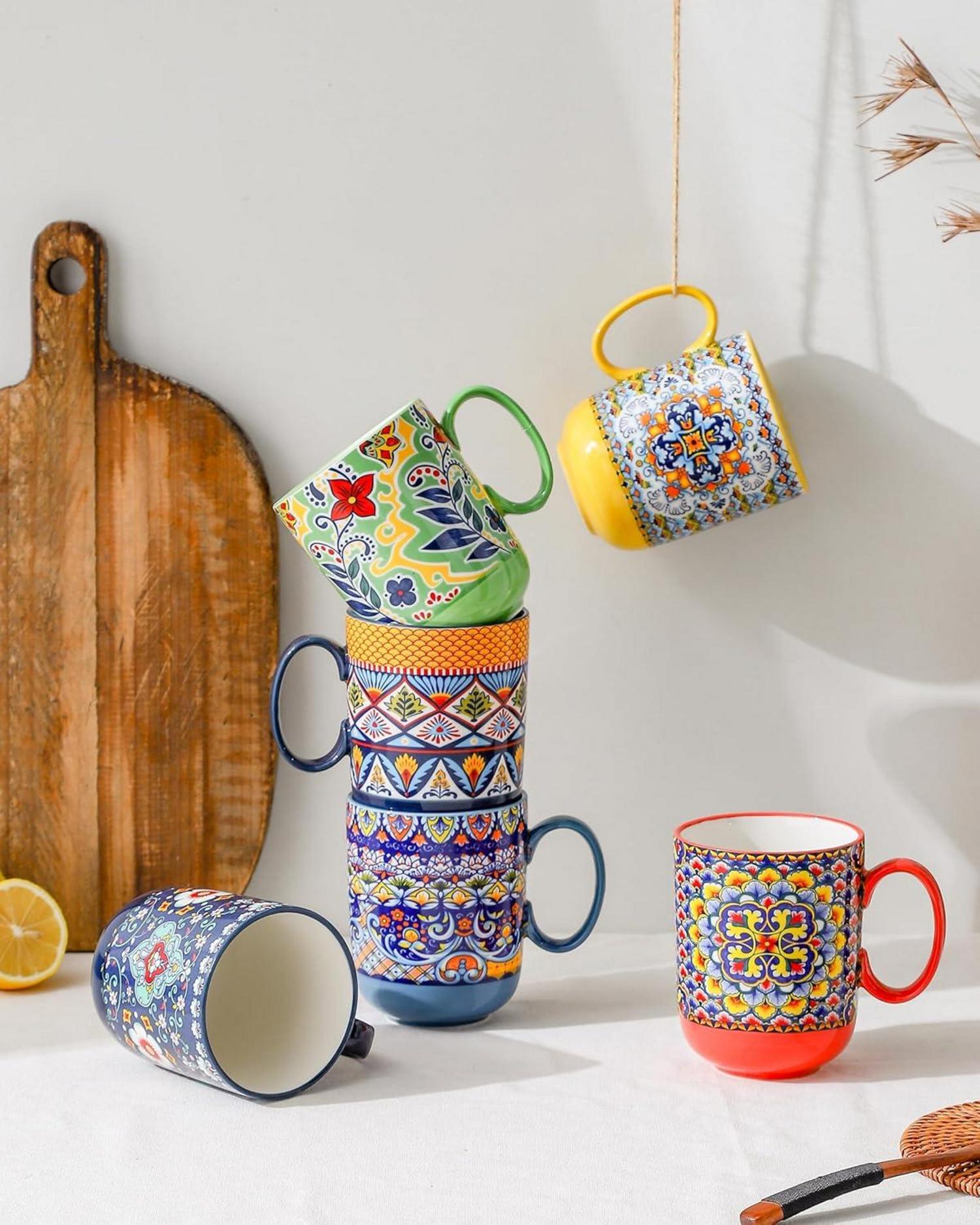 Porzellan Kaffeebecher Set 410ml bunt 6er Pack Bohemian Style Tassen