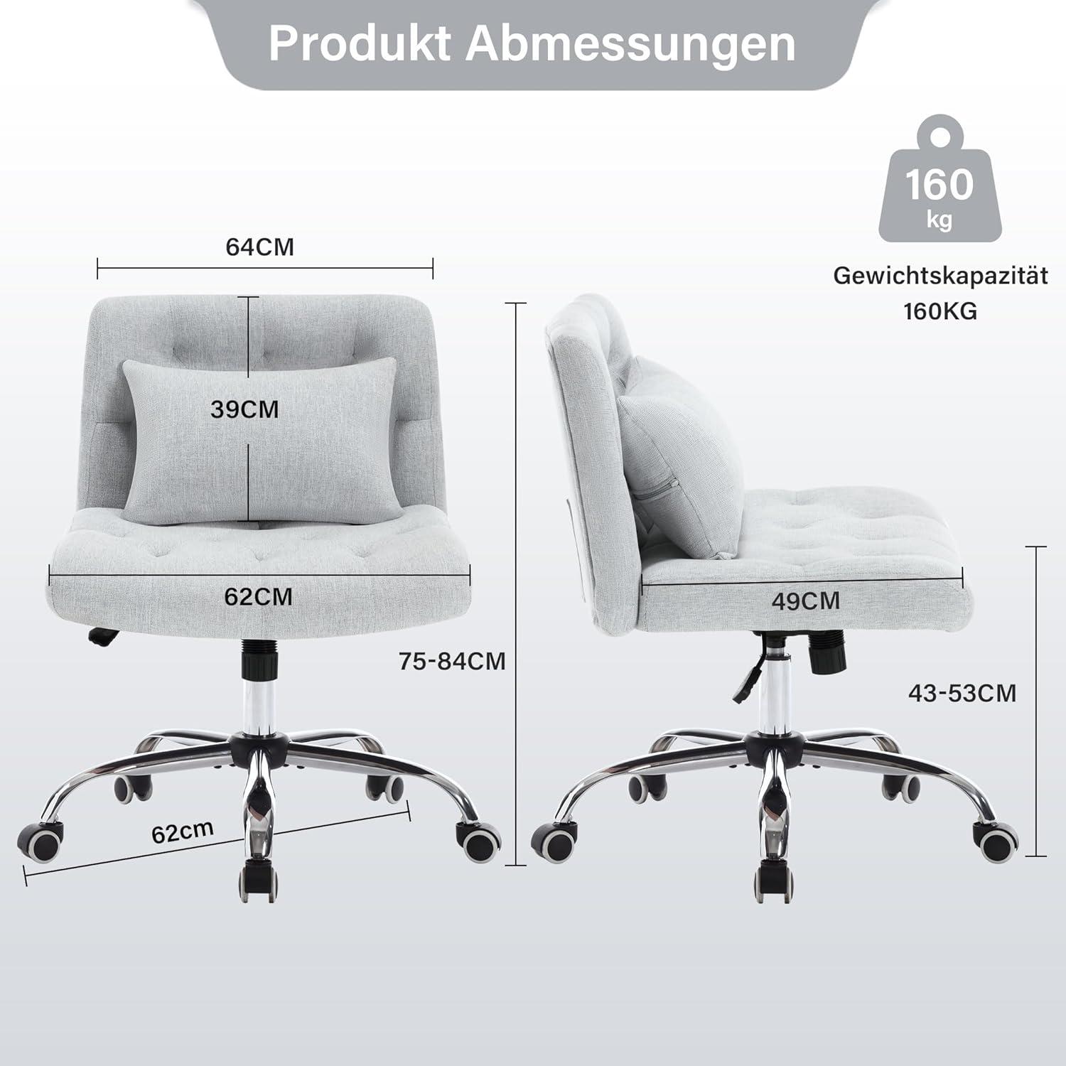 Bürostuhl ohne Armlehnen mit Lendenkissen und Rädern