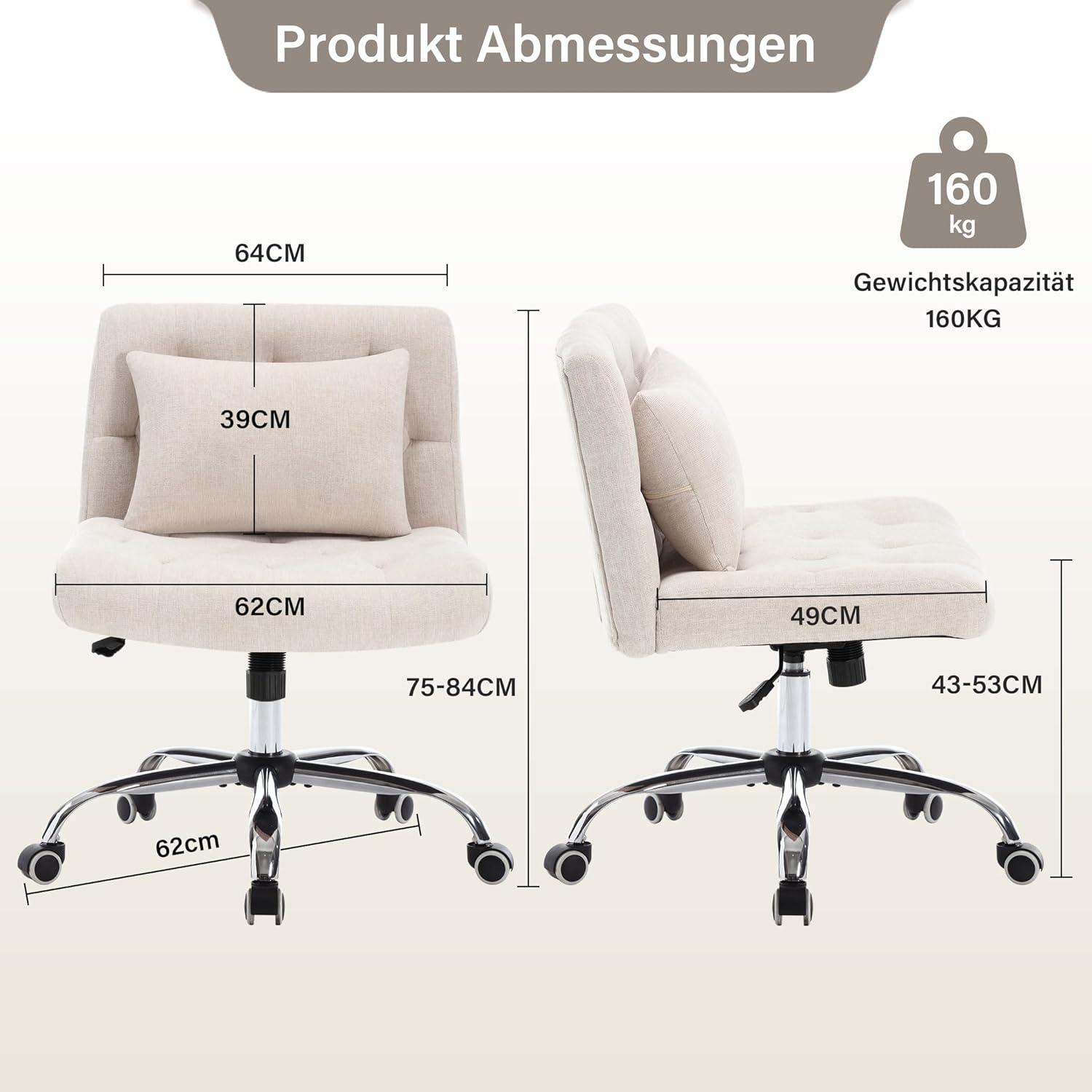 Ergonomischer Bürostuhl ohne Armlehnen mit Lendenkissen und