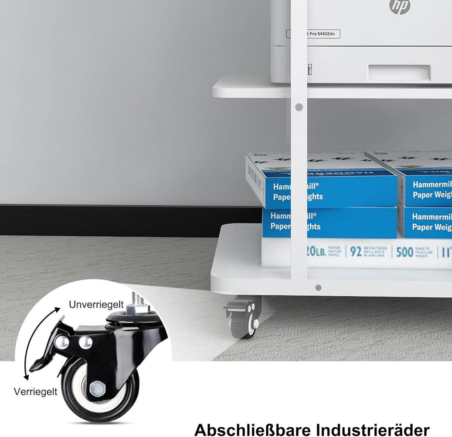 Druckertisch mit Rollen | 3-schichtiger Druckerständer 60 x 50cm | Mobiler Druckerwagen Büro Arbeitszimmer