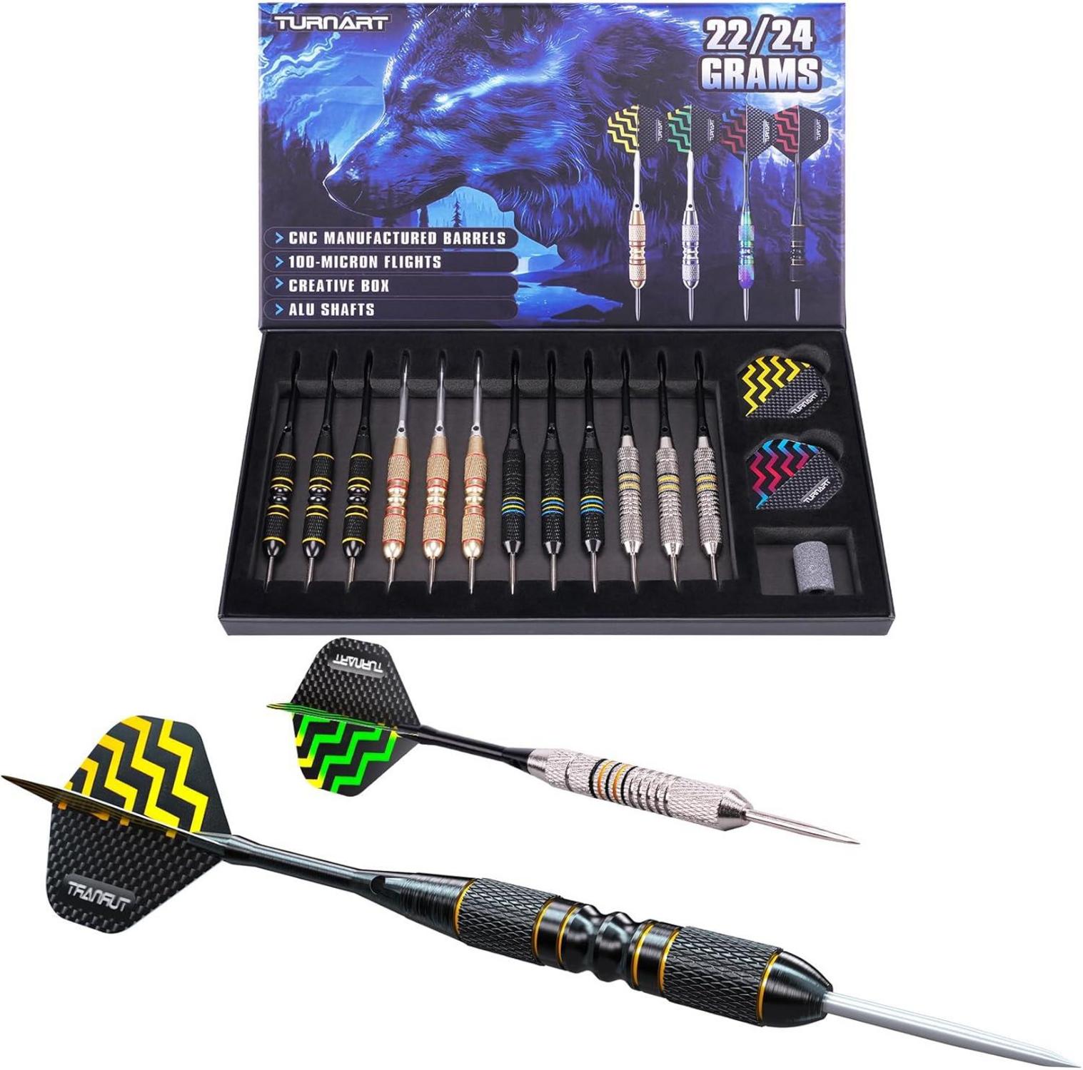 Turnart Profi Steeldarts mit Metallspitze und Dart Case - 12er Set Schwarz