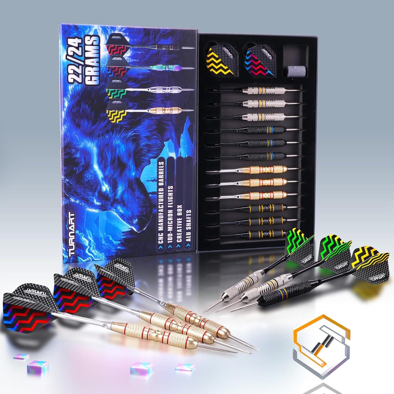 Turnart Profi Steeldarts mit Metallspitze und Dart Case - 12er Set Schwarz