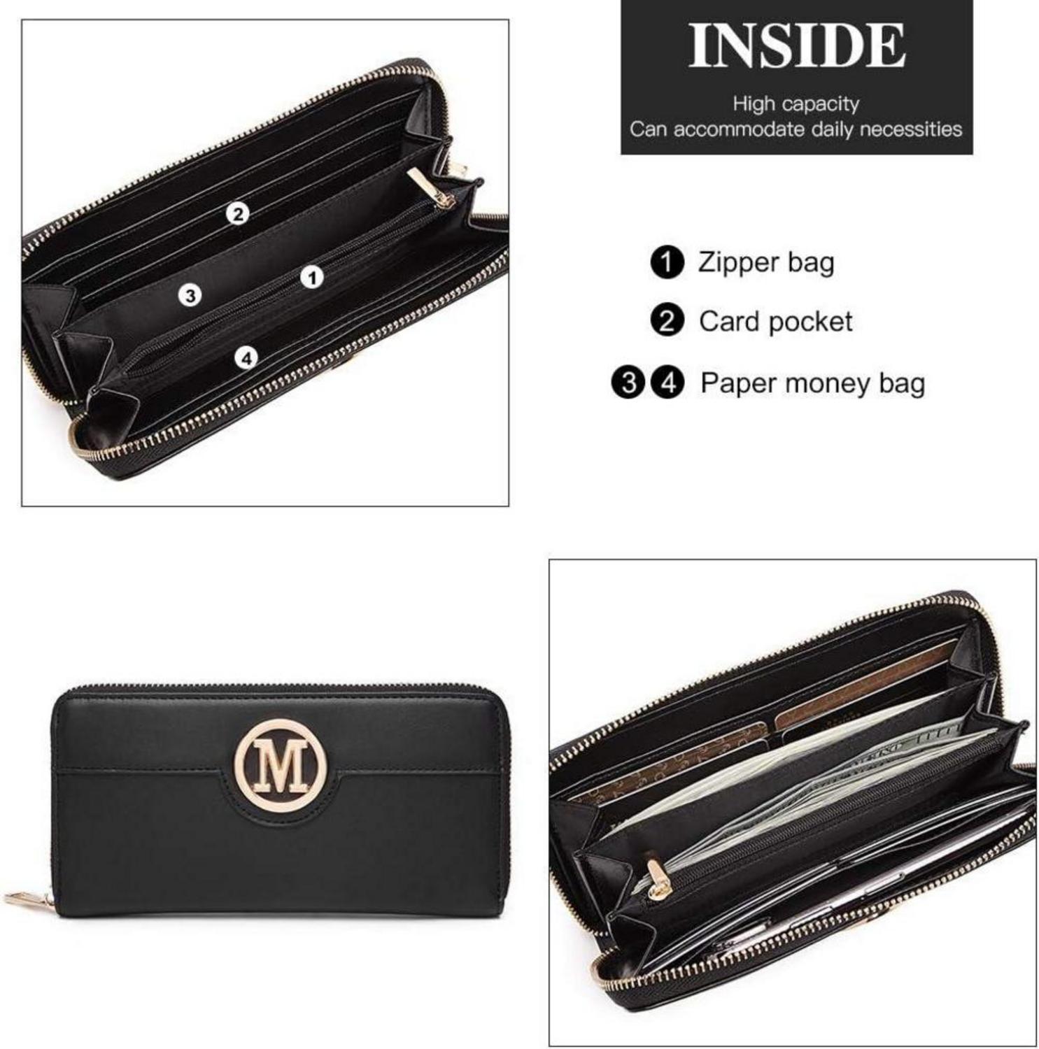 Miss Lulu Handtasche Damen Mittelgroß Elegant Schwarz-Gold Henkeltasche Geldbörsen-Set