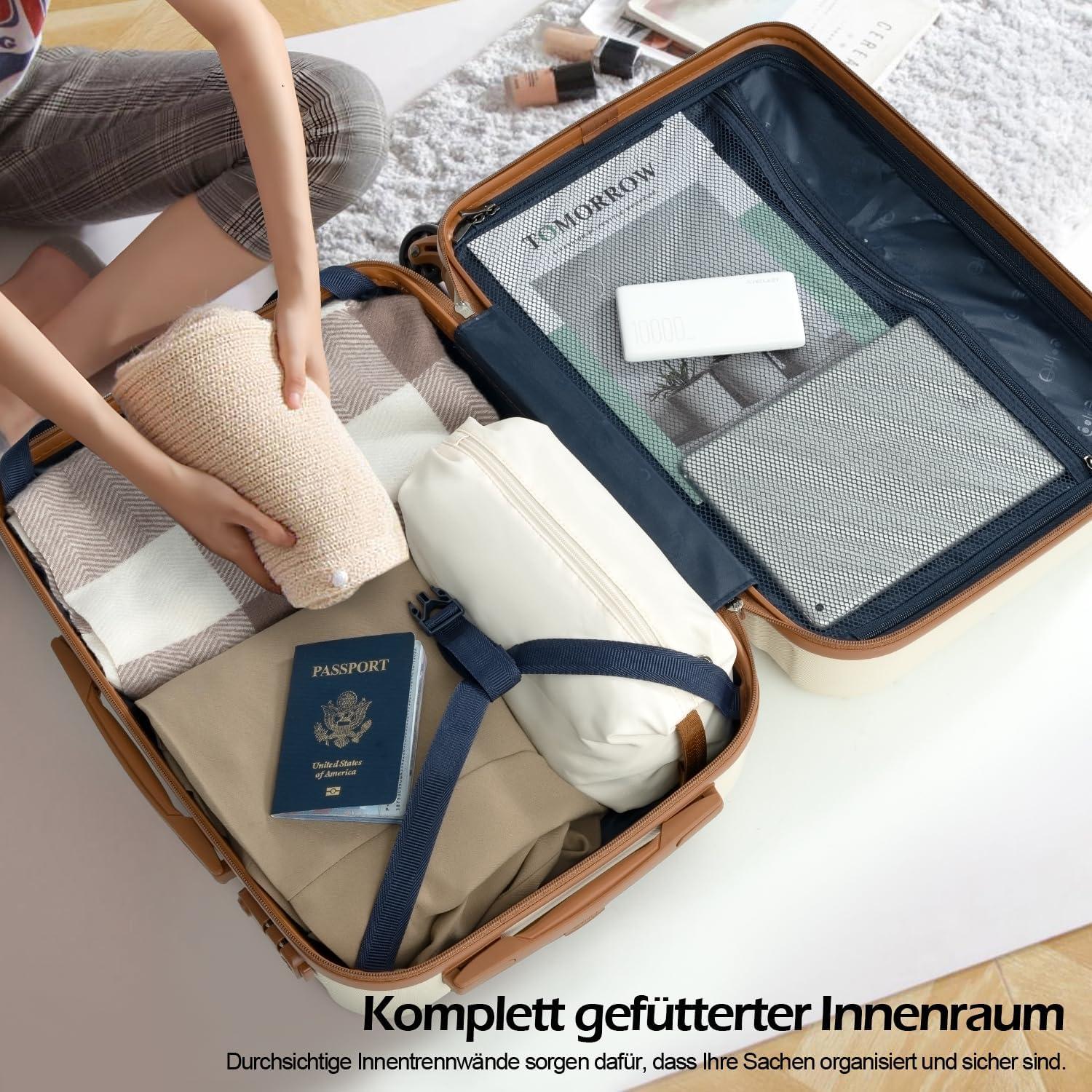 COOLIFE Koffer-Set ABS Hartschale 4 Rollen TSA-Schloss 6tlg Blau/Braun