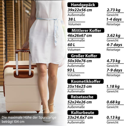 COOLIFE Koffer Trolley Set ABS Hartschalen 4 Rollen TSA Weiß/Braun