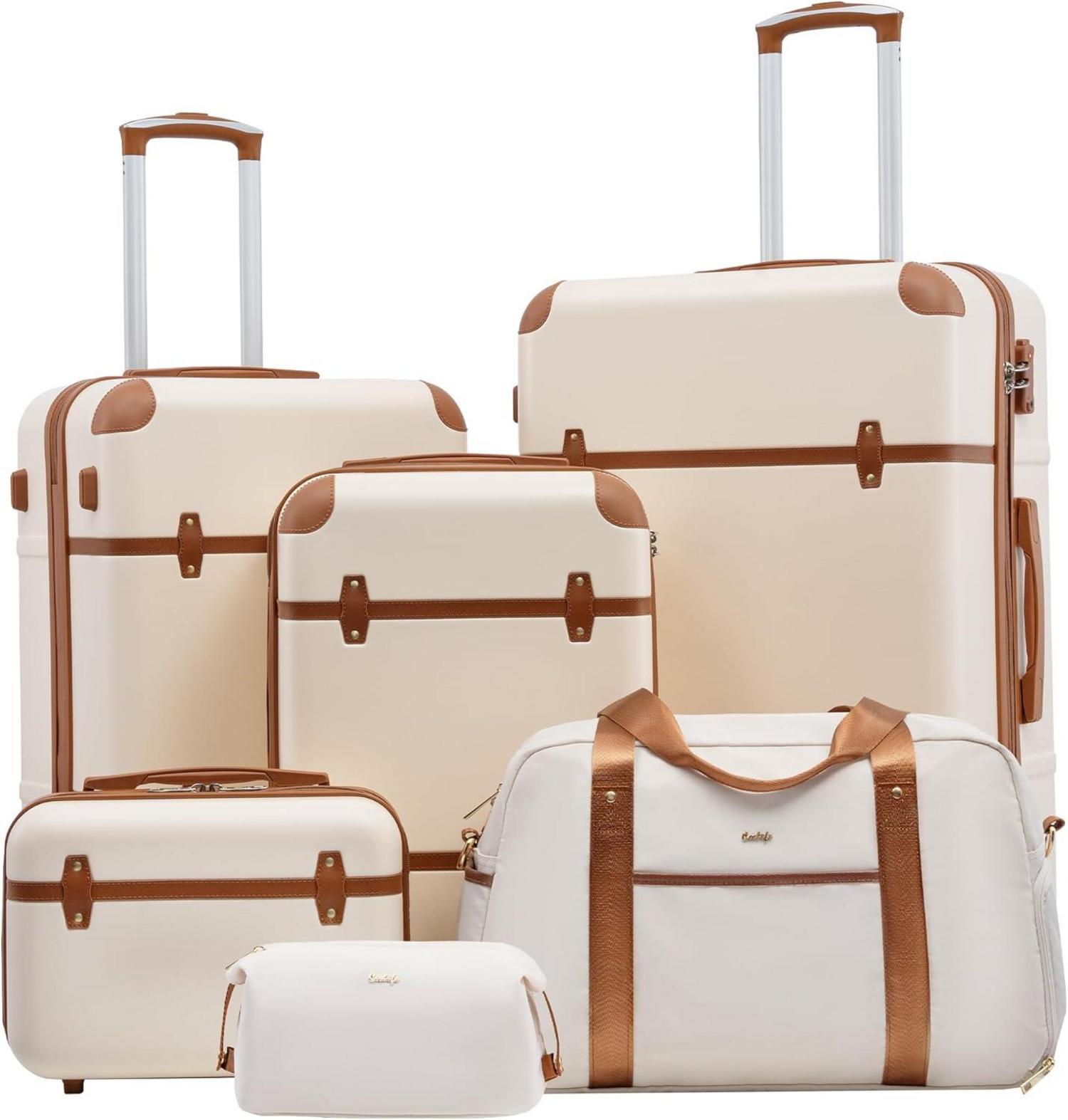 Hartschalen-Koffer-Set 6tlg Weiß Braun ABS Trolley TSA-Schloss