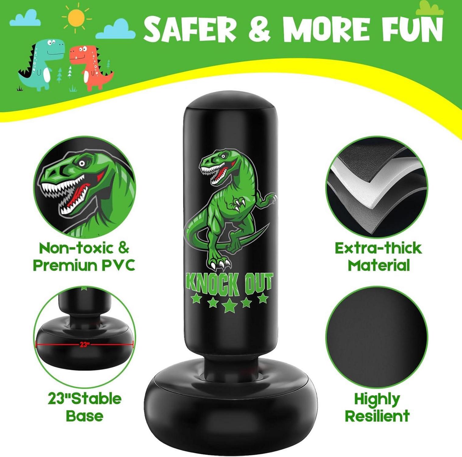 Dinosaurier Boxsack Set für Kinder - 160 cm freistehend mit Boxhandschuhen & Pumpe