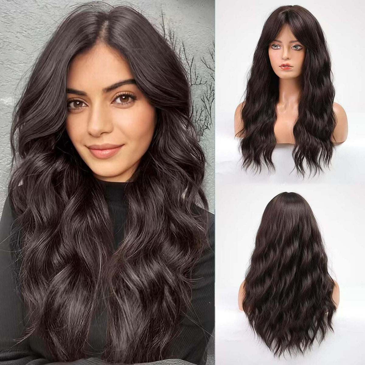 Dunkelbraune Lockenperücke mit Pony – Natürlicher Look
