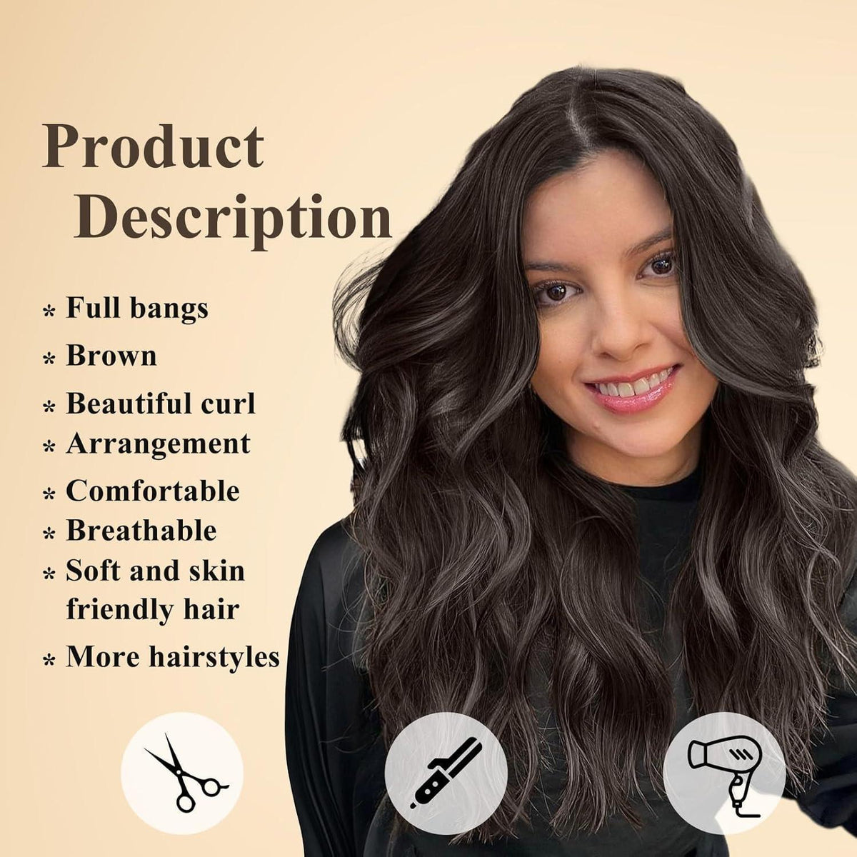 Dunkelbraune Lockenperücke mit Pony – Natürlicher Look