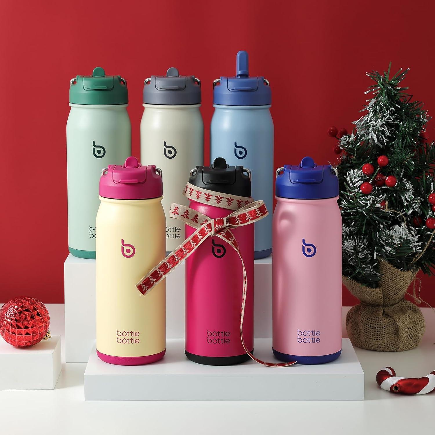 Edelstahl Trinkflasche 16oz mit Strohhalm für Kinder Wasserflasche - Rose
