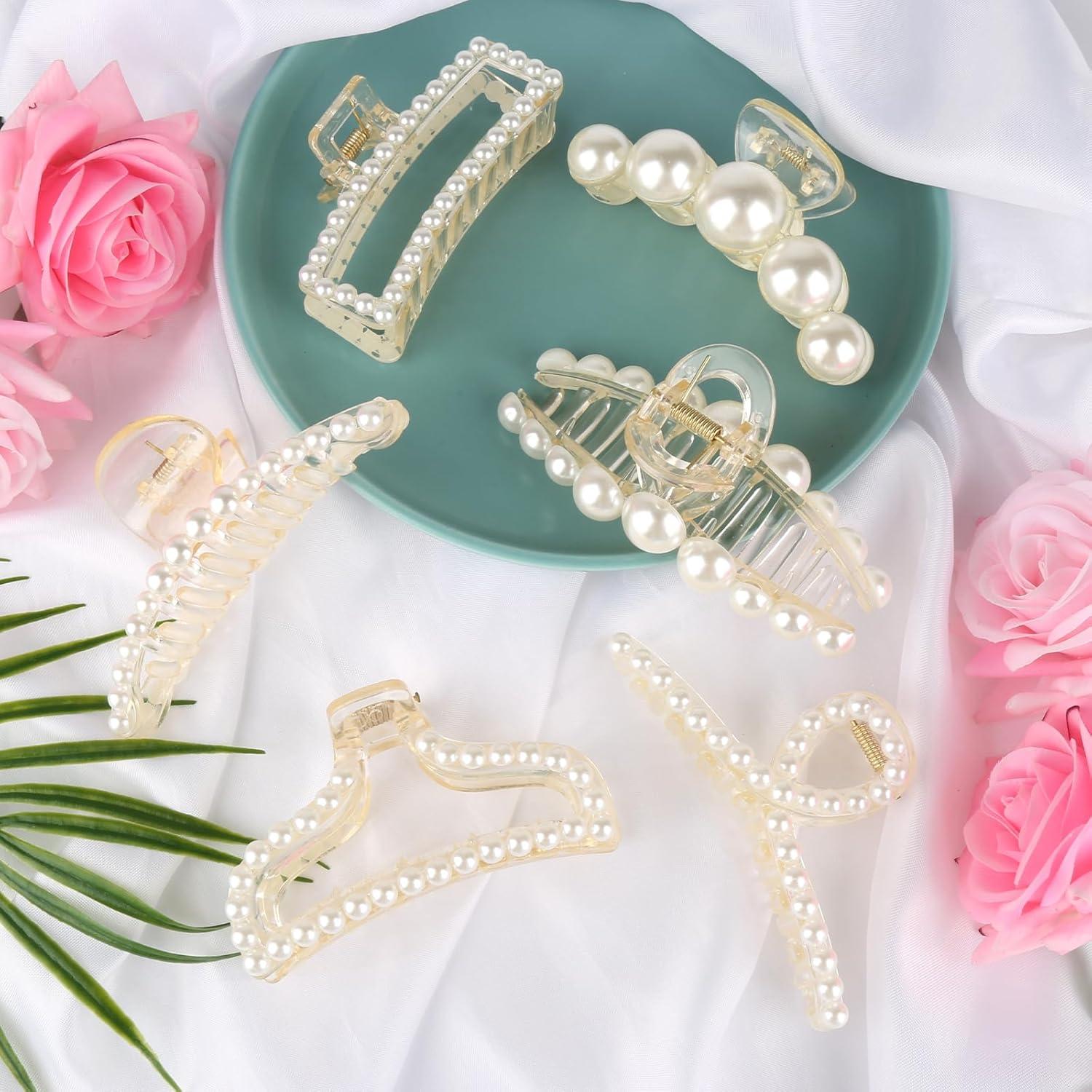 6er Set Damen Haarklammer Groß Perlen Haarspangen Rutschfest Eleganter Clip