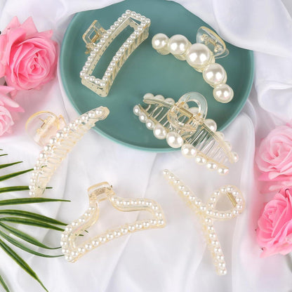6er Set Damen Haarklammer Groß Perlen Haarspangen Rutschfest Eleganter Clip