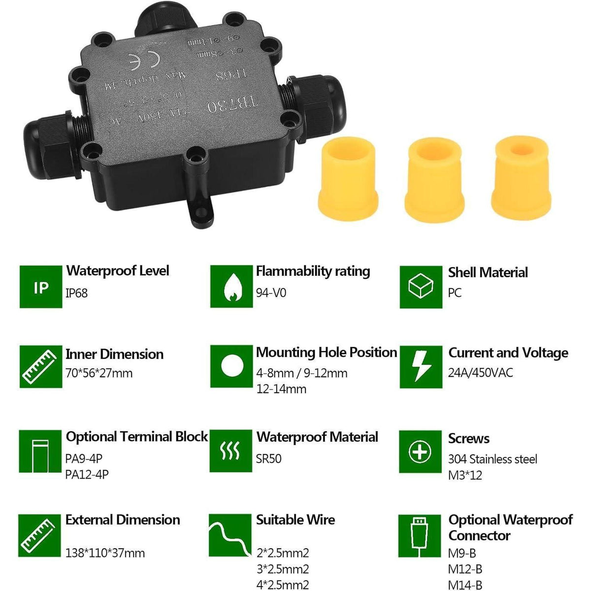 IP68 Wasserdichte Abzweigdose 3 Wege für Außenkabel 4-14mm