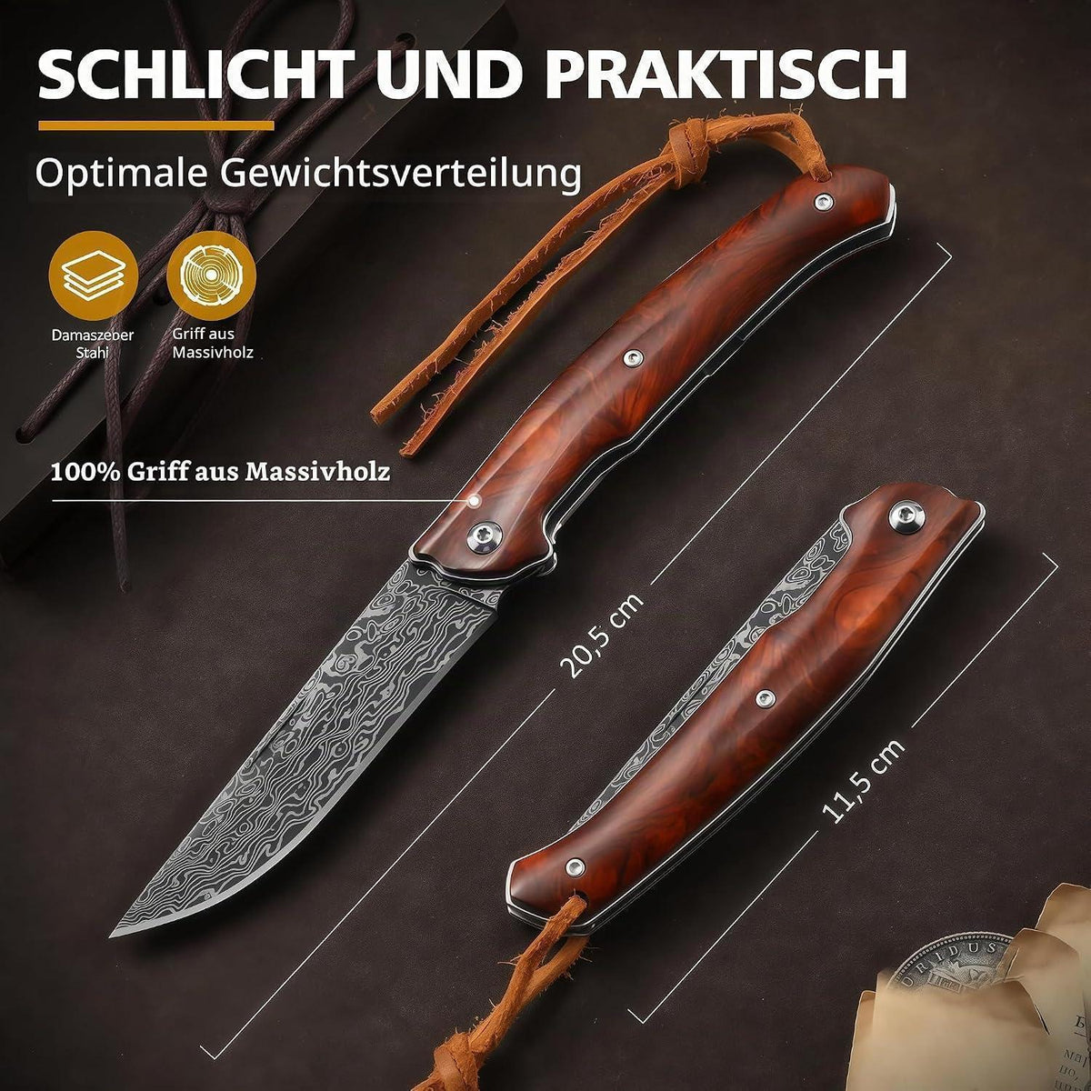 Damast Klappmesser VG10 – Holzgriff & Lederscheide