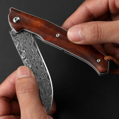 Damast Klappmesser VG10 – Holzgriff & Lederscheide