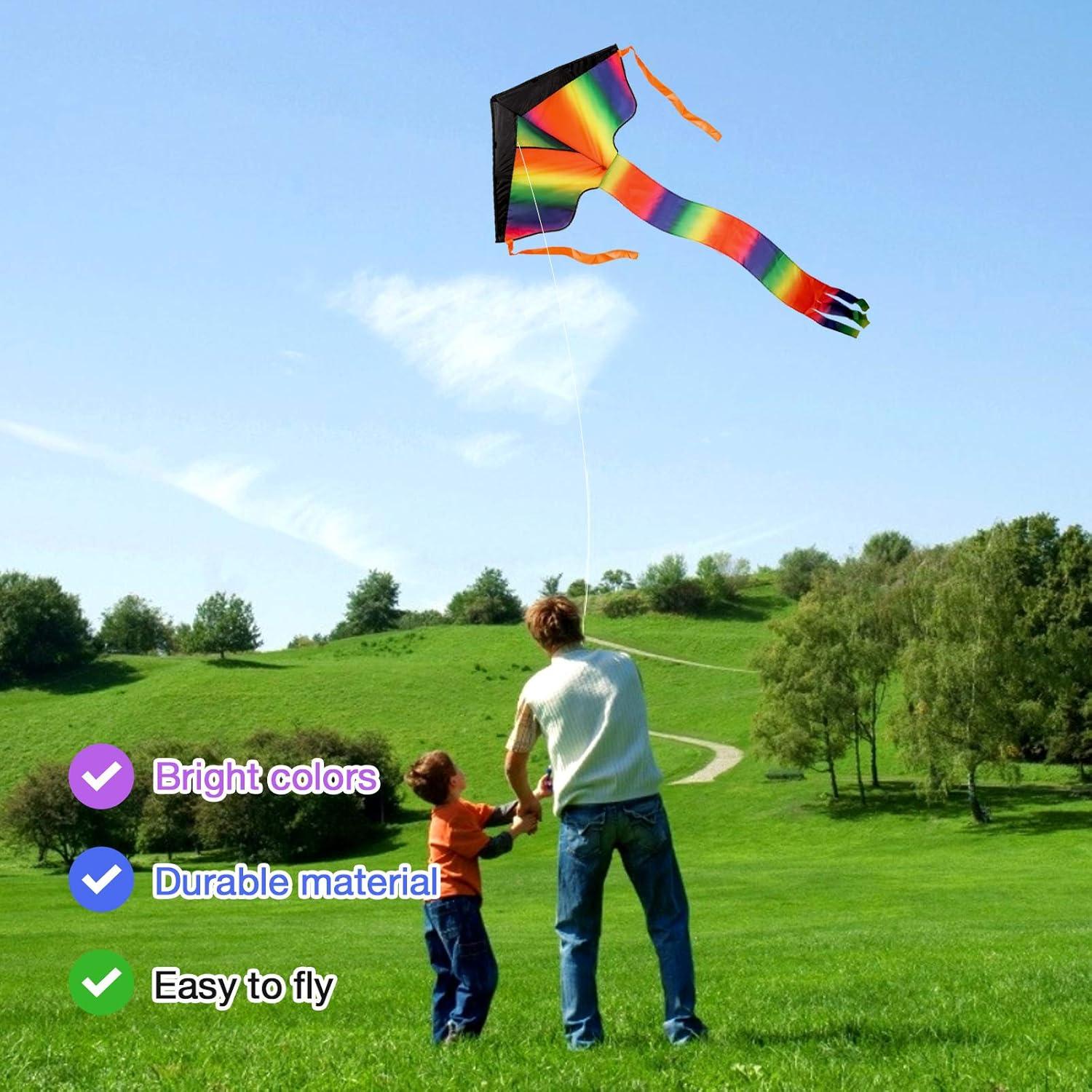 2er Set Regenbogen Kinder-Drachen 108x65cm Einleiner mit 140cm Schwänzen