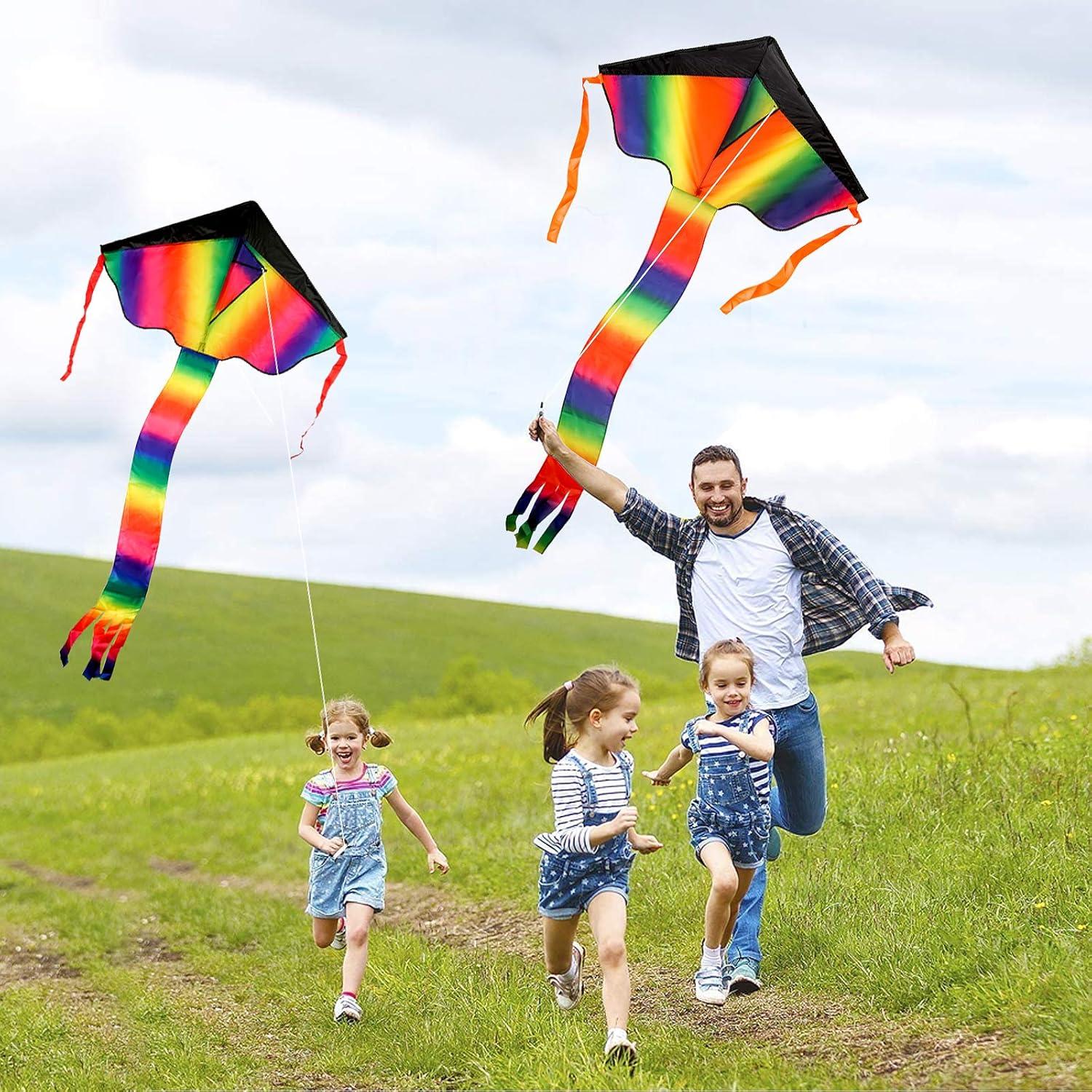 2er Set Regenbogen Kinder-Drachen 108x65cm Einleiner mit 140cm Schwänzen