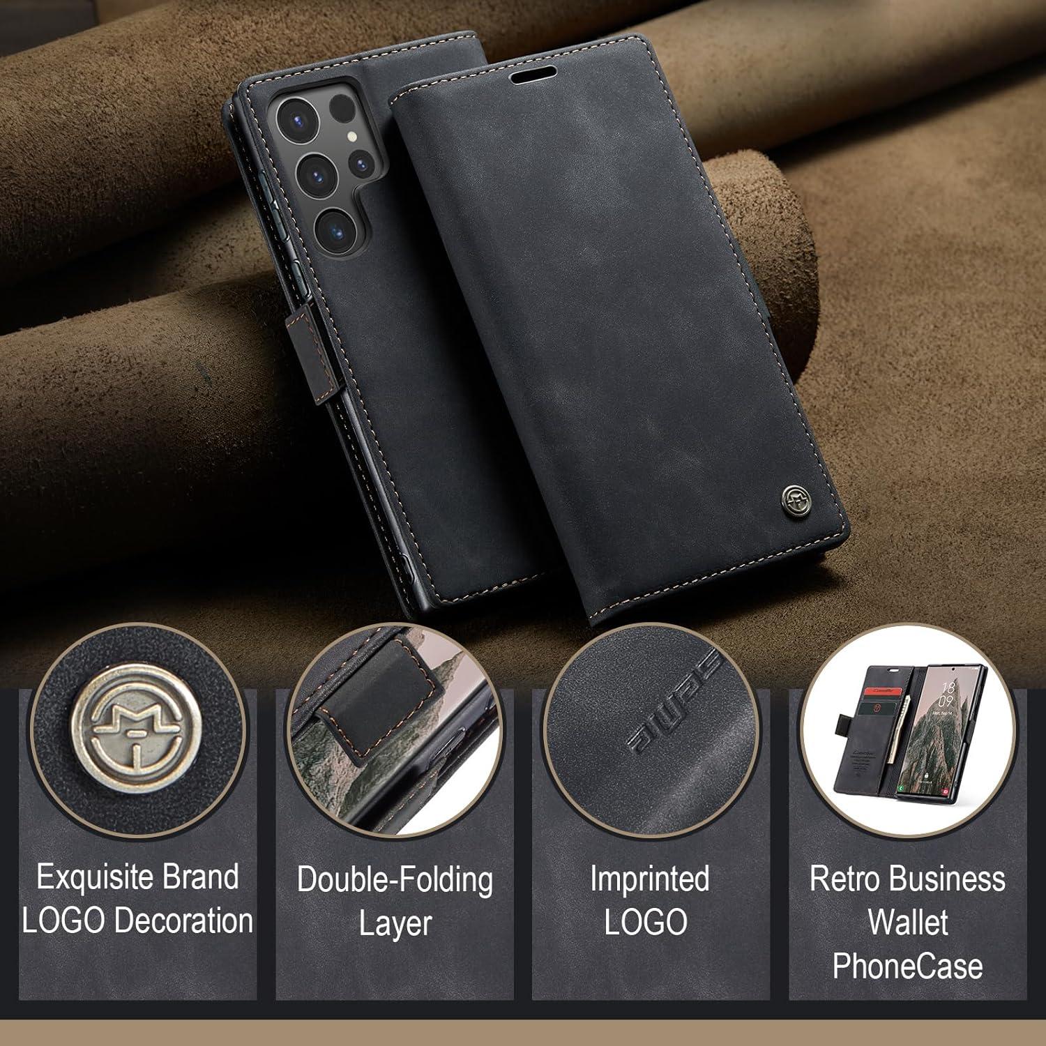 Handyhülle Samsung Galaxy S24 Ultra 5G Schwarz Lederhülle Magnet Standfunktion